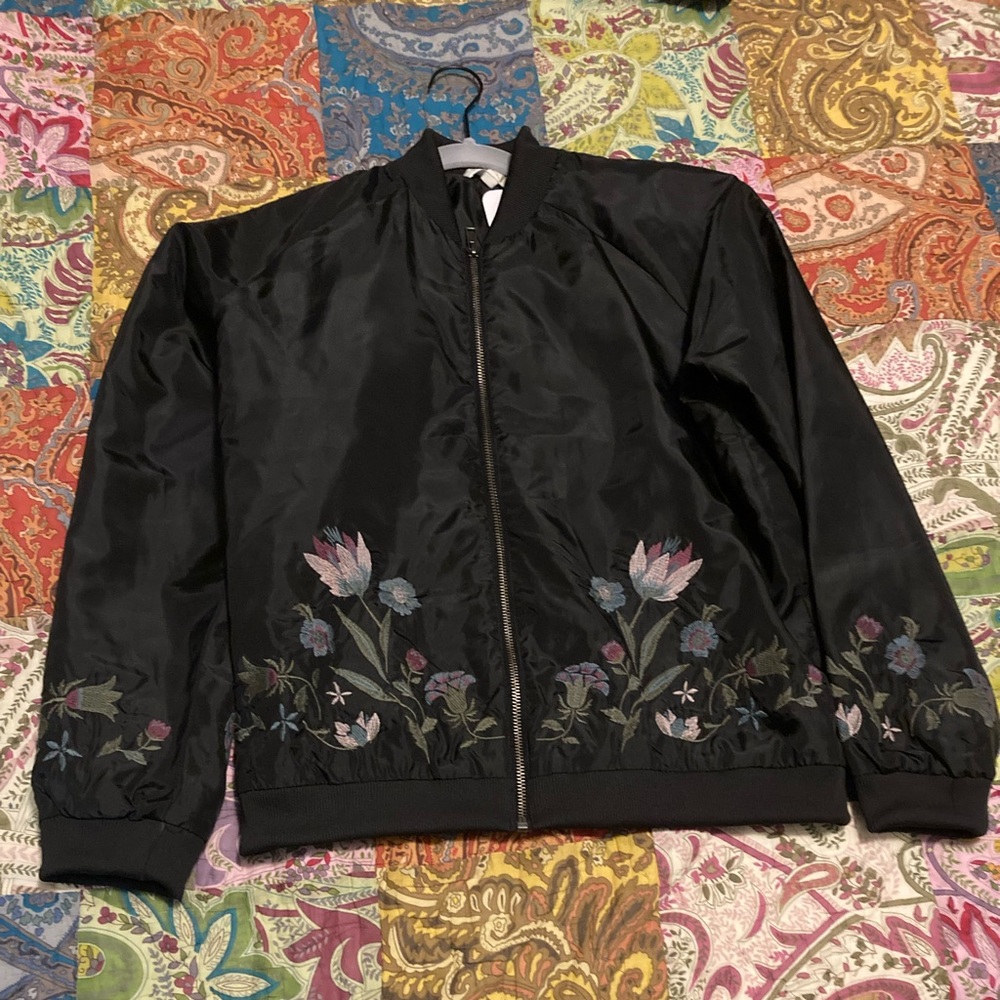 New with tags! Black Bomber Jacket with Floral Embroidery